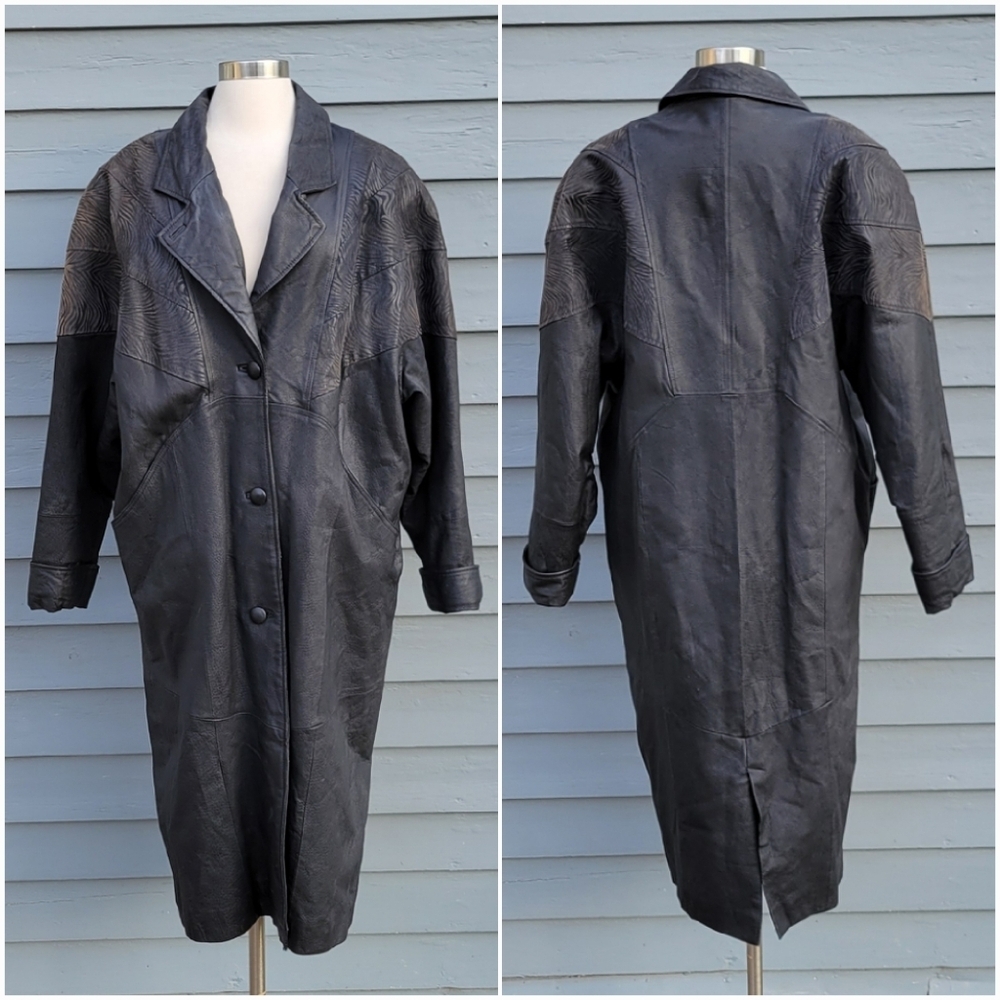 Vintage 90s y2k‎ Punk Rock Grunge Black Leather Oversized Trench Over Coat Large